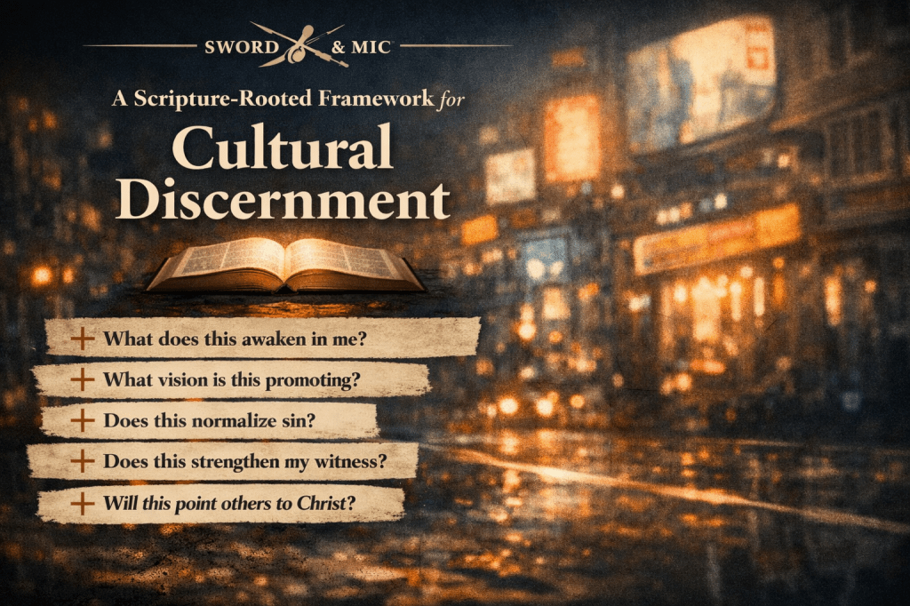 Open Bible glowing against blurred city lights with the title “A Scripture‑Rooted Framework for Cultural Discernment” and five discernment questions on parchment strips.