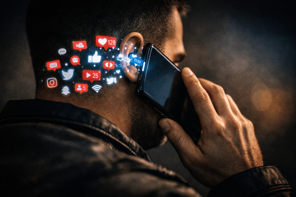 Man holding smartphone to ear with glowing social media icons flowing into his ear, symbolizing digital discipleship and algorithmic influence