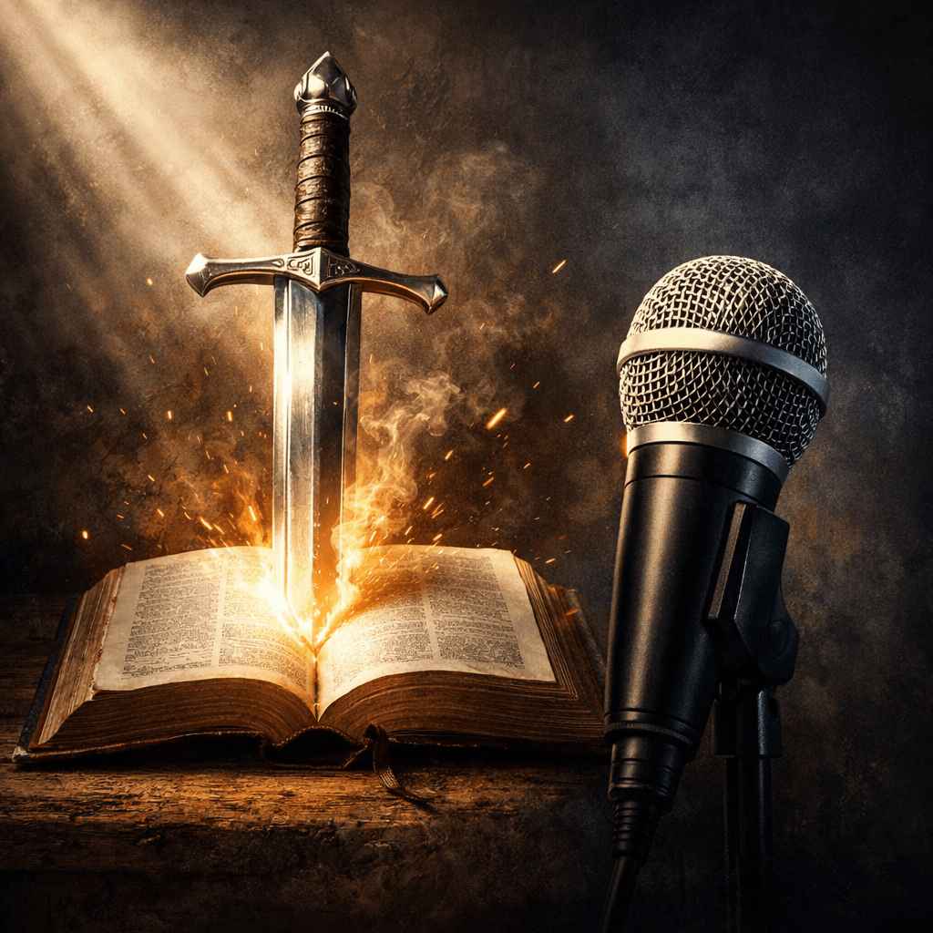 A sword embedded in an open Bible glowing with light beside a microphone, symbolizing the Word of God and the call to speak truth.